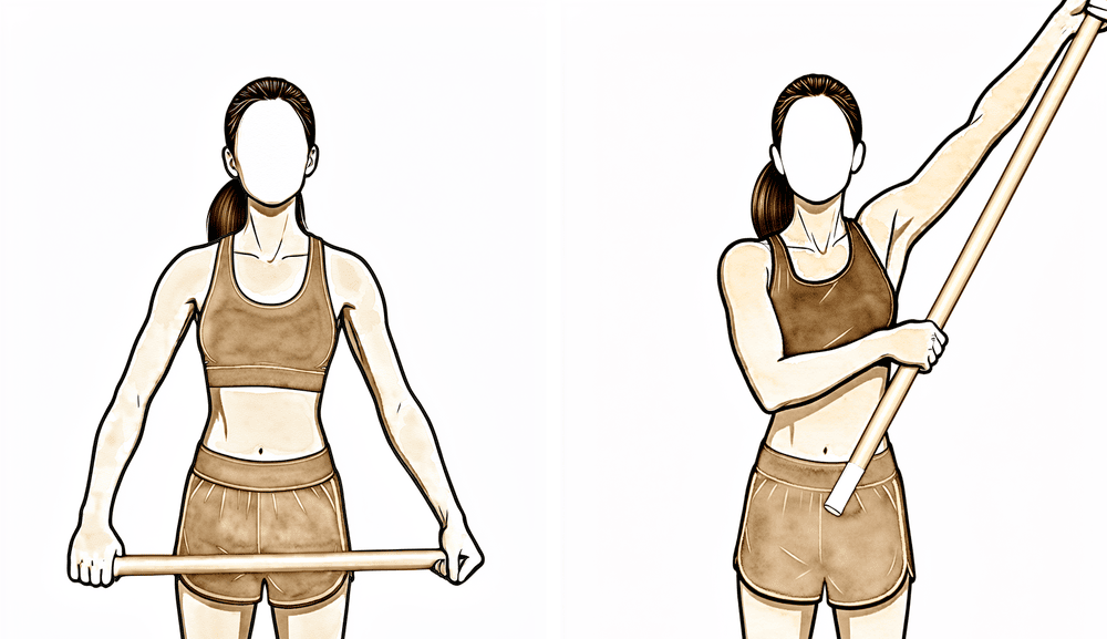 Holding a stick in both hands, the good arm guiding the operated arm out to the side.