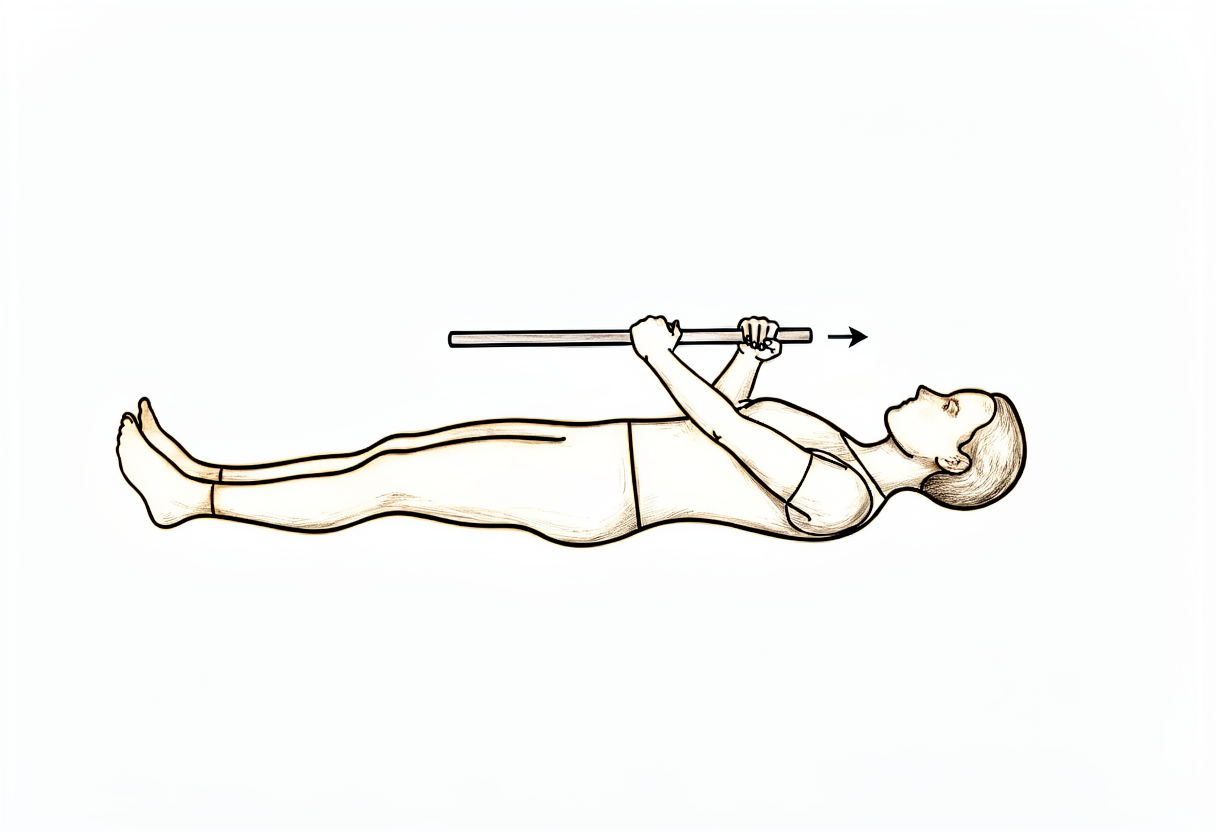 Lying on the back, a stick held in both hands pushes the operated forearm outwards.