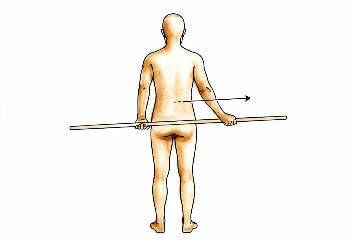 Holding a stick behind the back, the upper hand gently drawing the lower hand up the back.