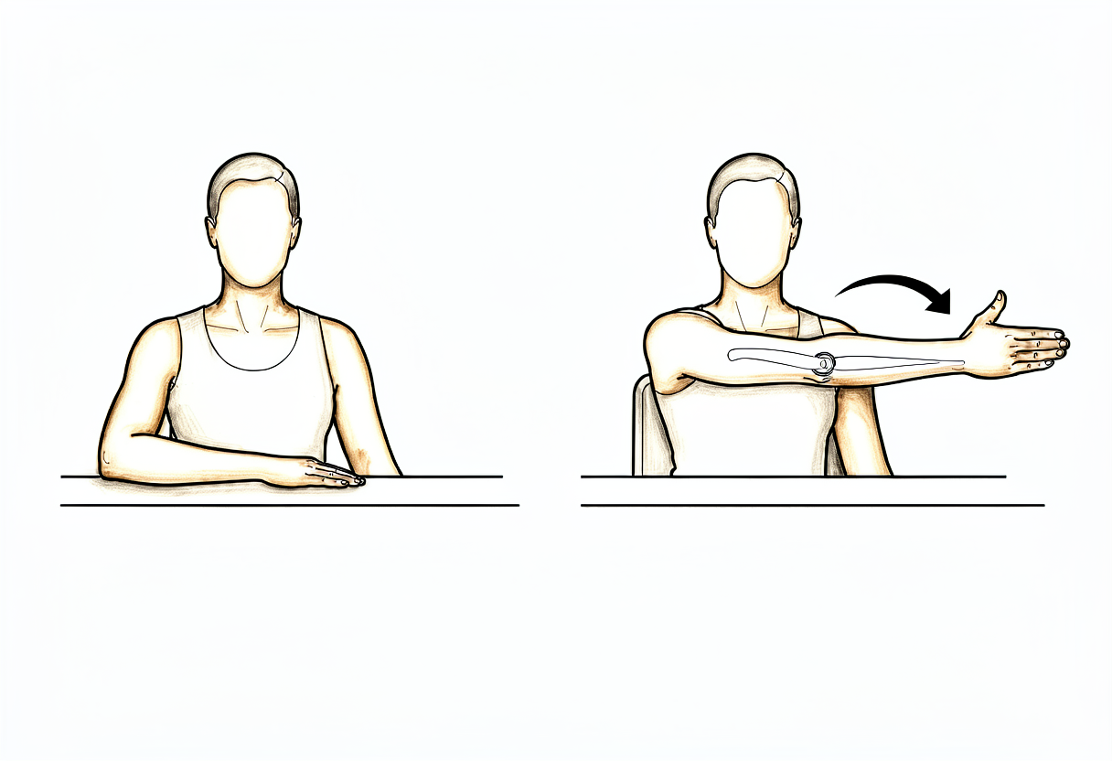 Seated with the elbow by the side, the forearm sweeps outwards like a windscreen wiper.