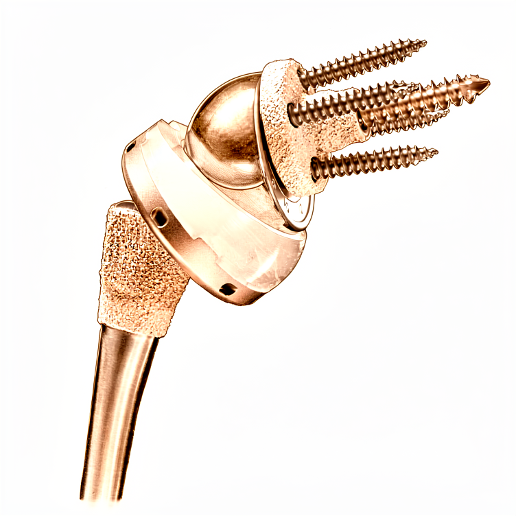 Illustration of a reverse shoulder replacement implant: a metal ball on a screwed baseplate above a cupped stem.