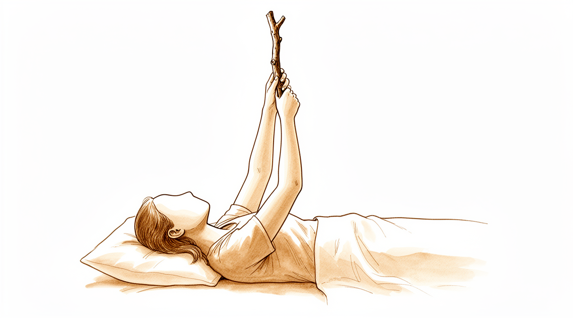 Illustration of a person lying on their back raising a stick toward the ceiling with both hands.