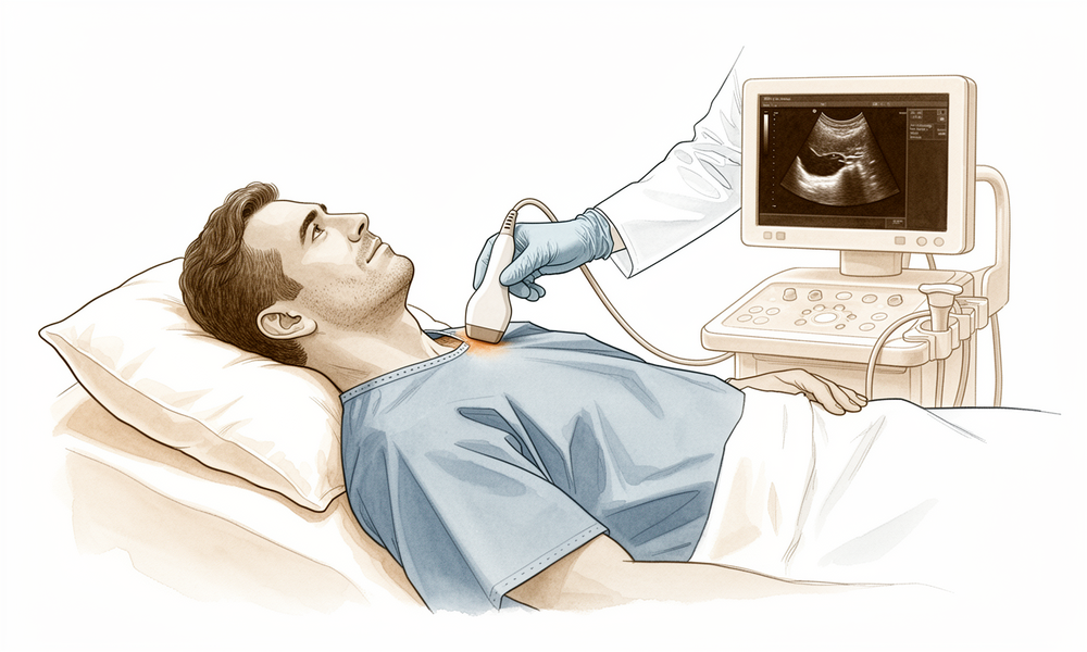 Illustration of an anaesthetist using an ultrasound probe at the side of a relaxed patient's neck, just above the collarbone, to place a nerve block.