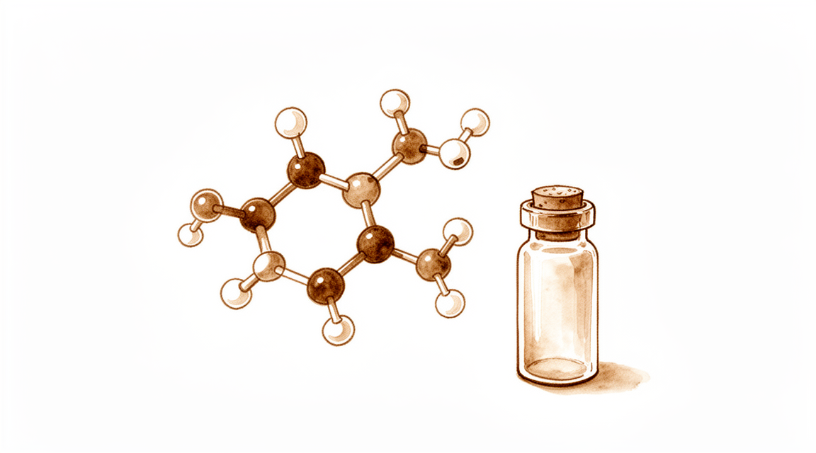 A molecular structure beside a small vial.