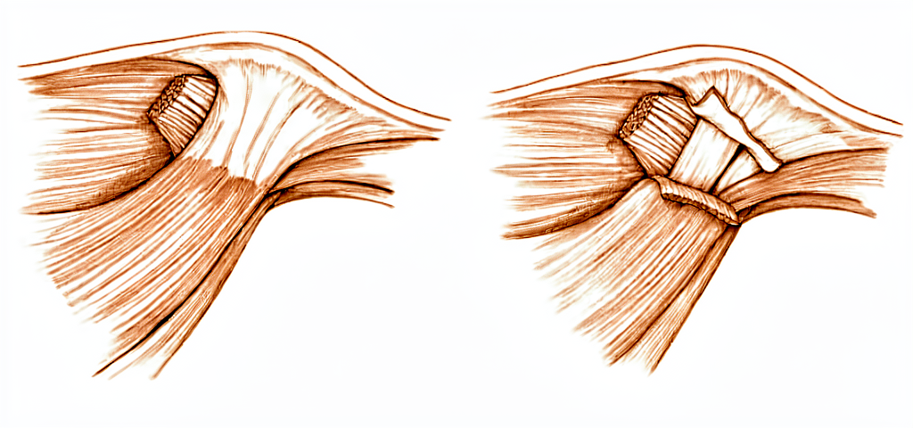 Diagram of a torn ulnar collateral ligament at the main knuckle of the thumb.