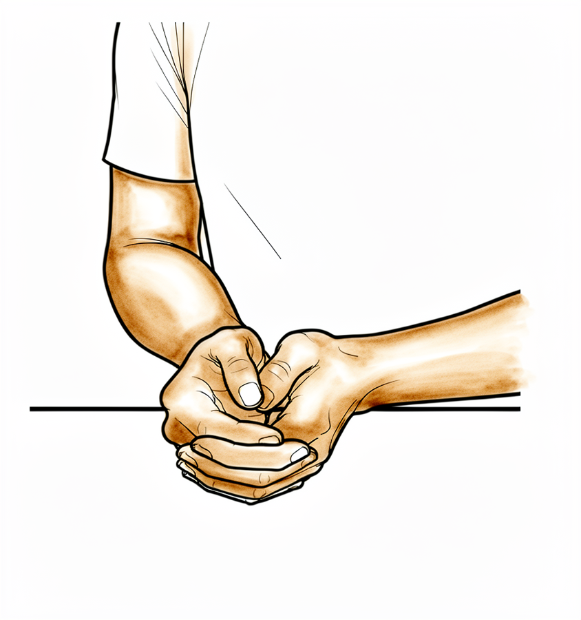 Move the forearm from the sling position to pointing straight ahead — no further.