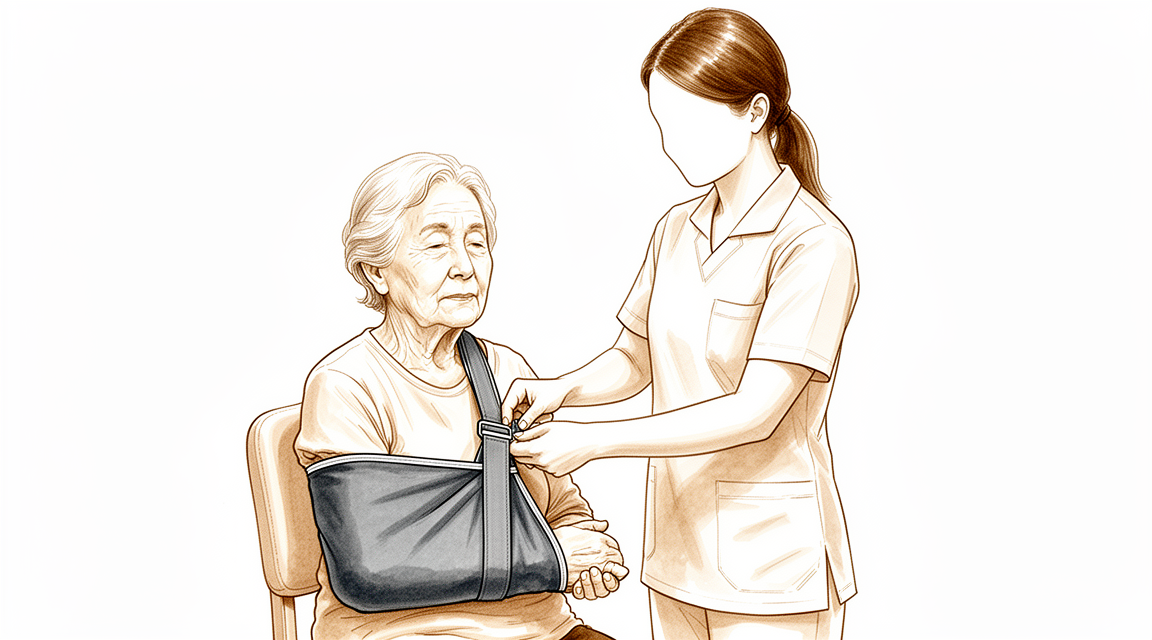 Illustration of a person with their arm resting in a sling while a physiotherapist adjusts the strap.