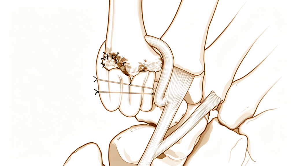 Illustration of the thumb base after trapeziectomy — the trapezium removed and the thumb supported with a tendon.