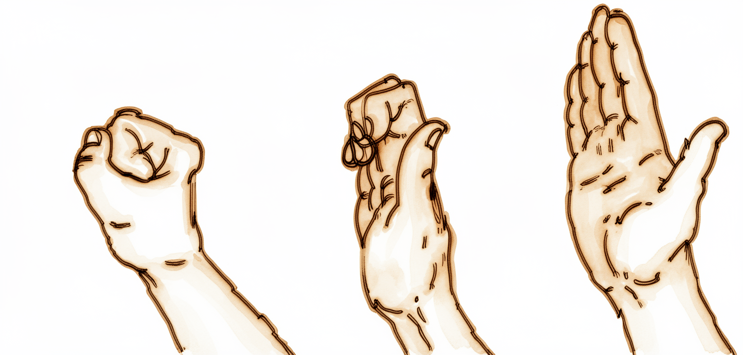 Three hand positions: a loose fist, a hook, then fingers straightened and spread.