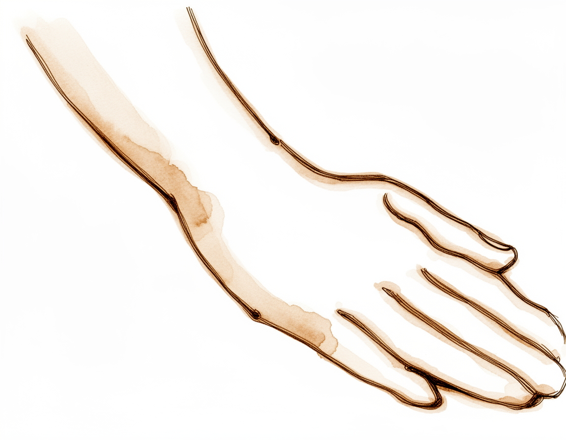The hand flat on a table, palm down, with the other hand applying pressure over the back of the hand.
