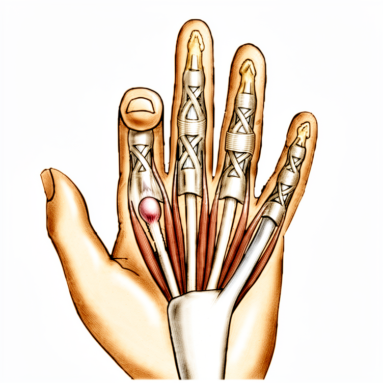 Illustration of the hand's flexor tendons with a small swelling catching under a pulley at a finger base.