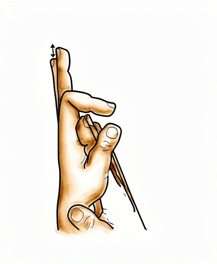 The other hand supports the finger just below the middle joint while it bends and straightens.